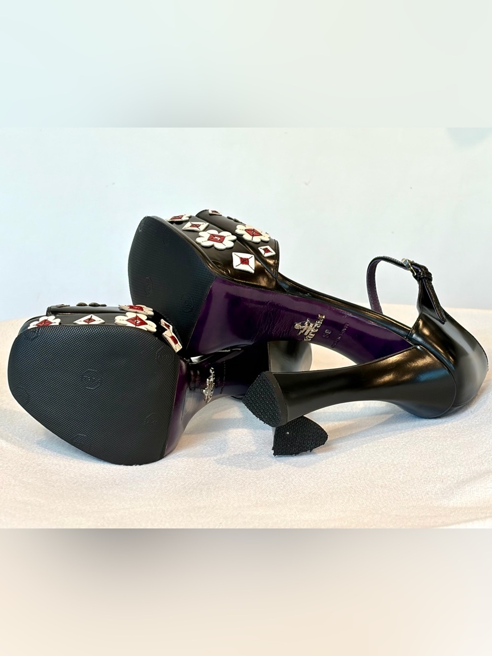 Prada 2012 Rare Platform Buckle Sandals w/floral appliqués, blk/white/red,36 - Picture 13 of 16